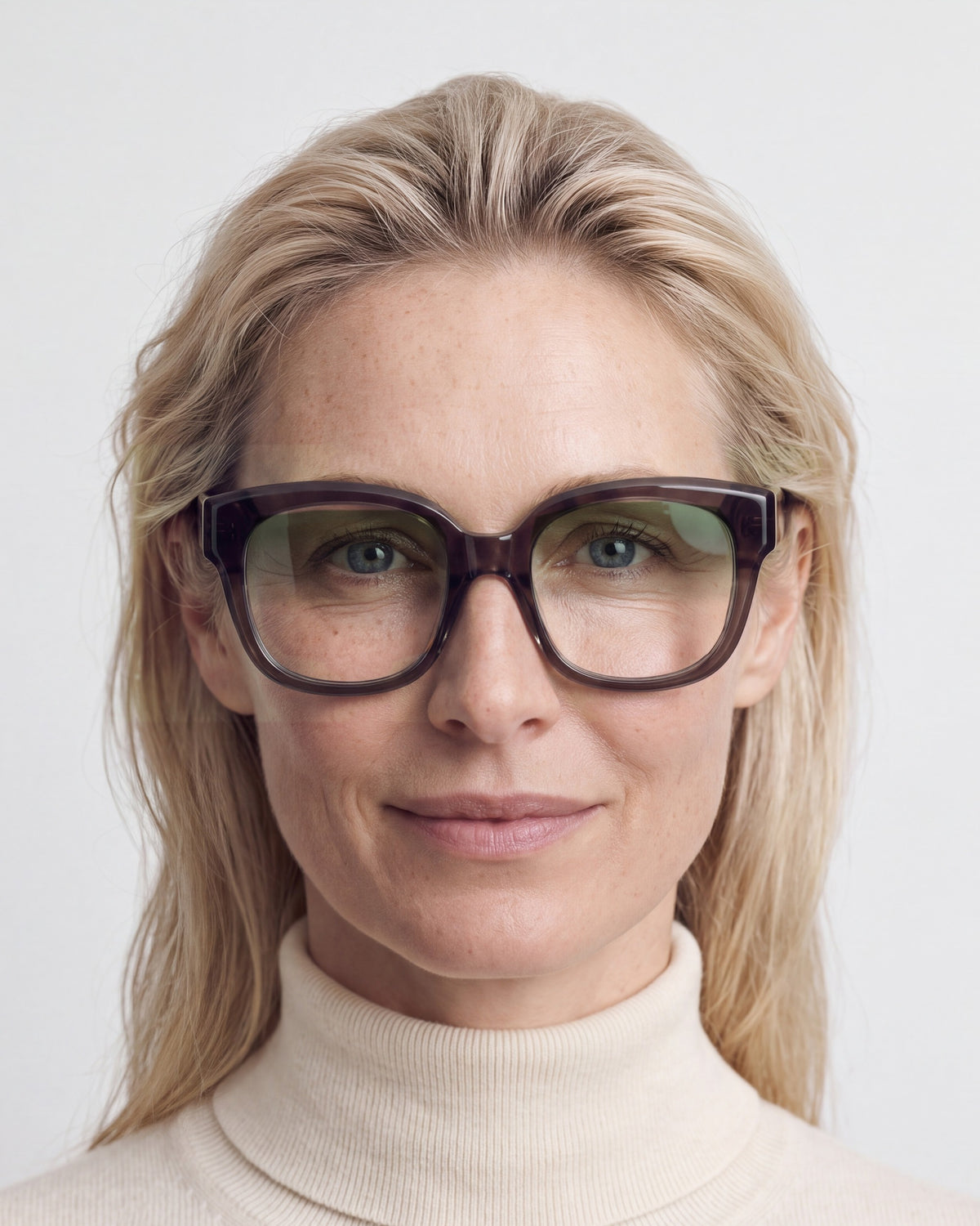Chloe in dark brown, worn, Sage lenses